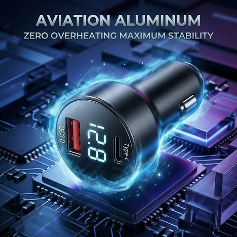 Road Ready Three In One Starlink Mini Car Charger Featuring Slick 36W PD And Quick Charge 18W Adapter displayed against a tech background.