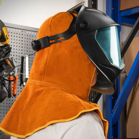 Worker wearing Real Cow Leather Welding Hood Cap, Heat And Spark Resistant Shield Up To 250C under black welding helmet