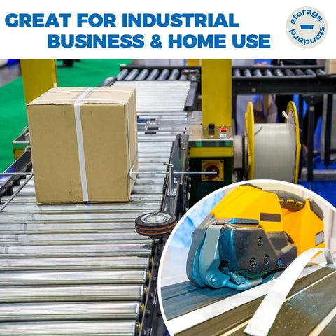 Badass Heavy Woven Pallet Strapping Tape One Thousand Foot Roll Half Inch Wide Cargo Securing Banding Kit for shipping package on conveyor.