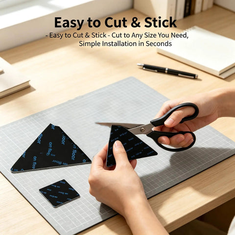 Person cutting Eight Piece Triangle Rug Pads Set 70x70mm No Slip Dual Sided Adhesive Pads For Hardwood Floors Tiles Marble Reusable Rug Tape.