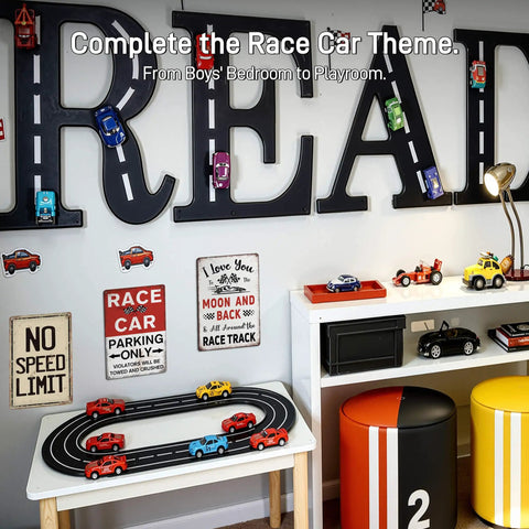 Rad No Speed Limit Metal Tin Wall Sign For Car Freaks And Street Savvy Crew Badass Garage Bedroom Decor Funny 12 By 8 Inch novelty shown in race car themed boys' bedroom.