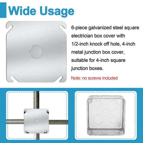 Built Tough 4 Inch Square Metal Electrical Box Covers Set Of 6 With One Half Inch Knockout And Angled Mounting Slots For Easy Flush Install On Standard Junction Boxes galvanized steel cover with 1/2-inch knockout