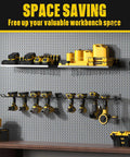 Power Tool Organizer Wall Mount Heavy Duty Cordless Drill Holder And Battery Shelf Metal Garage Storage Rack With Eight Drill Slots And Two Shelves For Tidy Clutter Free Workshop installed on wall with tools