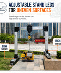 Portable Aluminum Gantry Crane With 4400 Lb Capacity Adjustable Height And Width Tuned For Low Ceilings showcases adjustable stand legs for uneven surfaces.