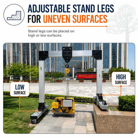 Portable Aluminum Gantry Crane With 4400 Lb Capacity Adjustable Height And Width Tuned For Low Ceilings showcases adjustable stand legs for uneven surfaces.