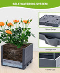 4 Tier Tomato Planter With Box Trellis showing self-watering system, drainage hole, and orange flowers in raised garden bed box.