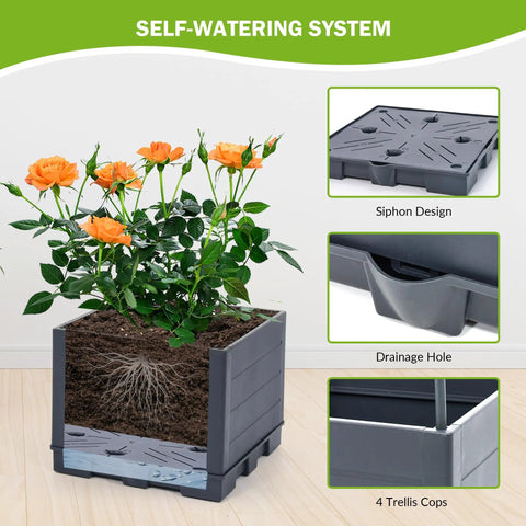 4 Tier Tomato Planter With Box Trellis showing self-watering system, drainage hole, and orange flowers in raised garden bed box.