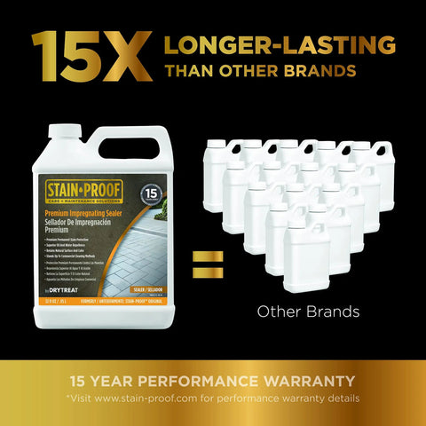 Top Shelf Impregnating Sealer For Granite Marble Tile And Concrete Delivers Workhorse Waterproofing And Stain Blocking Indoors Or Outdoors One Quart Bottle next to multiple white containers.