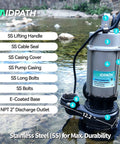 1HP Submersible Sewage Grinder Pump with Dual Stage Grinding, Stainless Steel Housing, 2 Inch NPT Discharge visible in rocky stream.