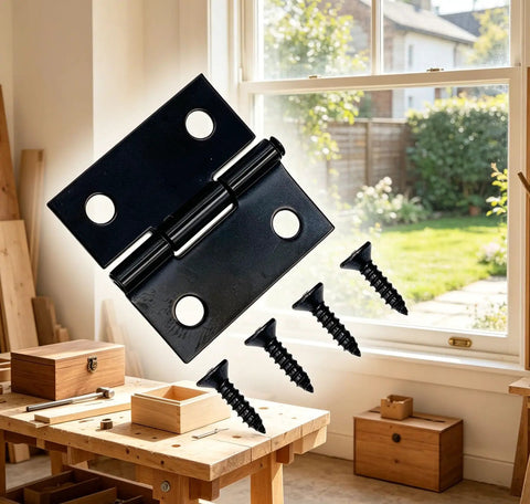 1 Inch 201 Stainless Steel Tiny Door Hinges with screws on a workbench near a window.