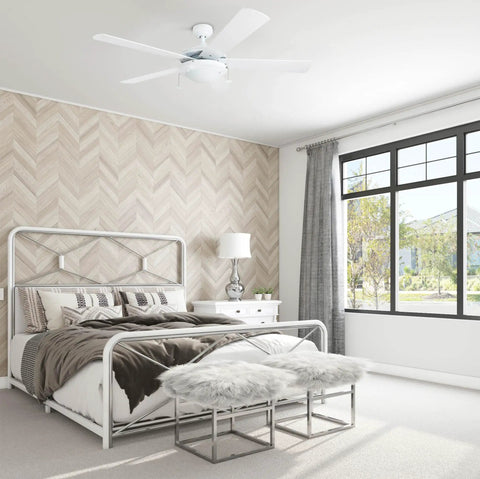 52 Inch Modern LED Ceiling Fan With Light, Pull Chain, Dual Mounting Options, Reversible Motor, Dual Finish Blades in a bedroom