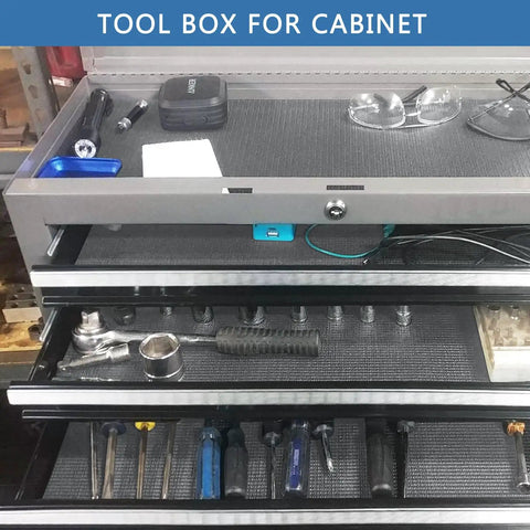 GottaHave TopShelf HeavyDuty Foam Toolbox Drawer Liner NonSlip Tool Organizer Pad inside a cabinet drawer with tools.
