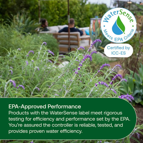 LNK2 Smart WiFi Module 2nd Gen For Rain Bird Irrigation Timers And ESP Controllers, garden scene with WaterSense label