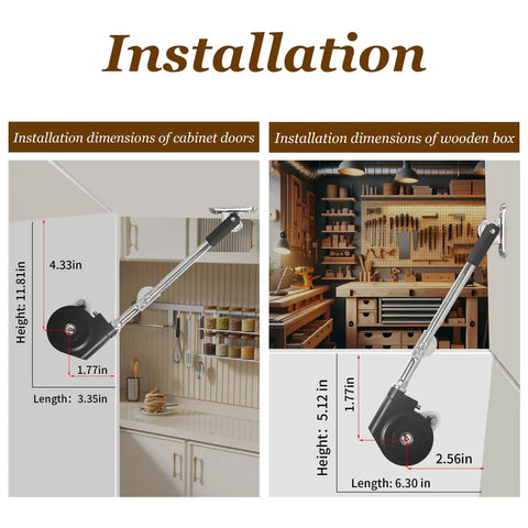 Installation dimensions for Lid Stay 105 Degree Open Chest Hinges For Wooden Box And Toy Chest with upward and top opening flap doors.