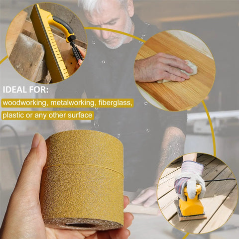 Two And Three Quarters Inch Wide PSA Continuous Roll Sandpaper Kit With 30 Yards Of Stickyback Longboard Sheets In 80 120 180 220 320 400 Grit For Pro Grade Auto Shop And Woodworking, showcased with woodworking applications.