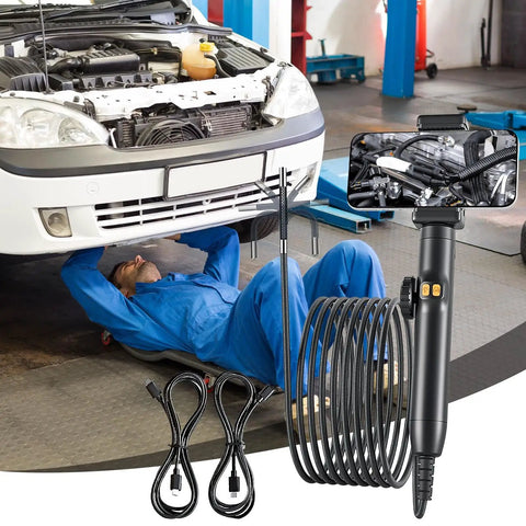 Heavy Duty Borescope Camera With Bendable Endoscope Lens For Tight Squeeze Diagnostics And Real Time Video Feed used during car inspection.