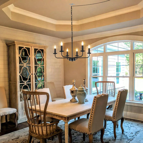 12 Light Black Farmhouse Chandelier, 32 Inch Large Foyer Ceiling Light Fixture in dining room over table, modern rustic iron candlestick design