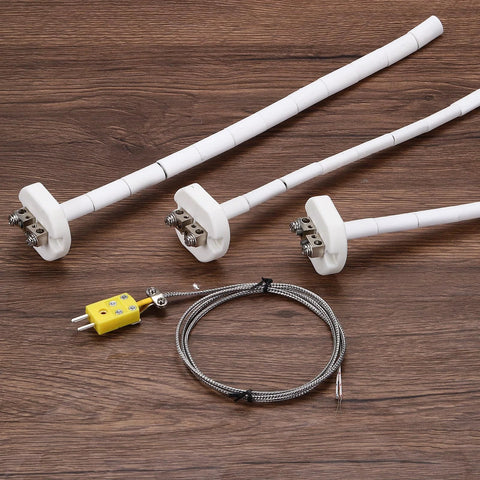 Three white 4-inch K-type ceramic kiln thermocouple probes with 3.3 ft braided wire and yellow plug