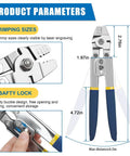 Product parameters of Tough As Nails Stainless Steel Fishing Crimping Pliers Kit With 430 Pieces with size measurements.