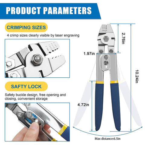 Product parameters of Tough As Nails Stainless Steel Fishing Crimping Pliers Kit With 430 Pieces with size measurements.