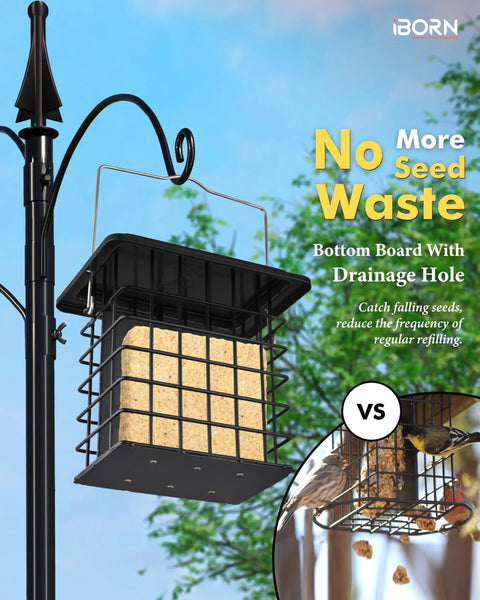 Double Suet Feeder For Outdoors Weatherproof All Metal Cage With Taller Grid Perch For Woodpeckers Easy To Clean And Refill Durable Black Bird Feeder For Outdoor Yards And Gardens mounted on pole