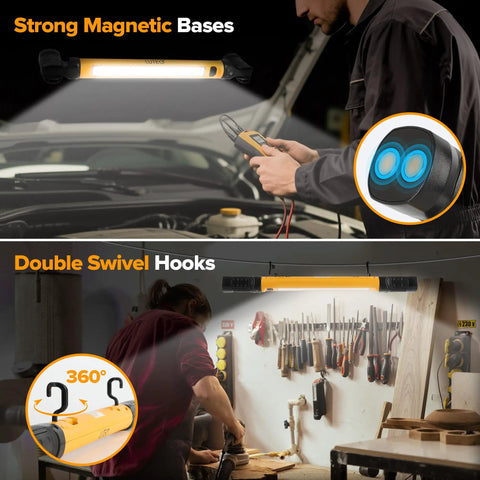 3000LM LED Work Light With Magnetic Under Hood Mount 5200mAh Rechargeable Cordless Pro Grade Mechanic Light For Car Repair Inspection Garage And Emergency Use Yellow showing magnetic base and swivel hooks.