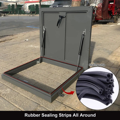 Heavy Duty Aluminum Roof Access Hatch Door With Maintenance Hatch And Security Barrier For Emergency Access In Factory Warehouse Or Home Attic Skylight Cover Rainproof Anti Theft Blackout 95x95cm, open with sealing strip