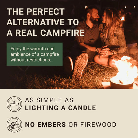 Couple enjoying XL Portable Campfire On The Go For Camping Beach And Patio With Eucalyptus Scent Tabletop Fire Pit at night