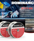 Two Pack 0.035 Inch Gasless Flux Core MIG Wire E71T-GS with welding demonstration and material compatibility display