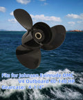 Image of an Outboard Boat Propeller Replacement Heavy Duty Thirteen And A Half Inches By Fifteen Inches Pitch Three Blade With Thirteen Spline Fits Johnson Evinrude OMC V4 Outboard 40 To 140 HP Aluminum Hub Kit over ocean background.