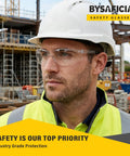 Man wearing 12 Pack Clear Safety Glasses Bulk With Kickass Scratch Resistant Polycarbonate Lenses And Sweet Uv Protection For Heavy Duty Job Sites And Weekend Diy Projects Rock Solid Ansi Z87 Approved on a construction site.