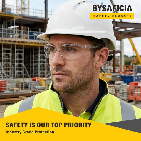 Man wearing 12 Pack Clear Safety Glasses Bulk With Kickass Scratch Resistant Polycarbonate Lenses And Sweet Uv Protection For Heavy Duty Job Sites And Weekend Diy Projects Rock Solid Ansi Z87 Approved on a construction site.