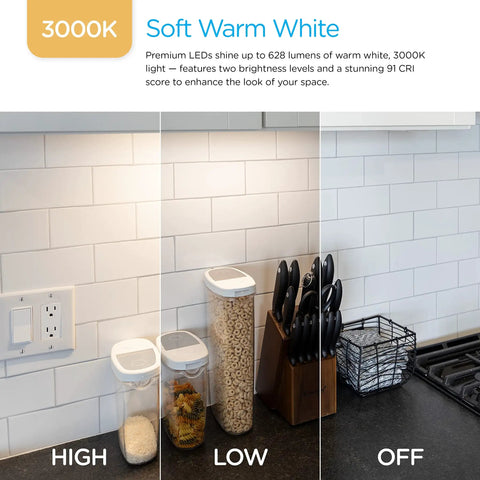 Premium Linkable Under Cabinet Light 18 Inch LED With 628 Lumens 3000K Warm White, Easy Toggle High Low Off Operation in kitchen setting