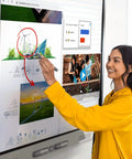 27 Inch Interactive Display Smart Touchscreen For Classrooms featuring a learner using a stylus on digital graphics in a bright classroom.