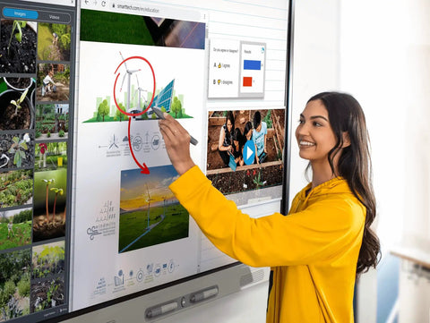 27 Inch Interactive Display Smart Touchscreen For Classrooms featuring a learner using a stylus on digital graphics in a bright classroom.