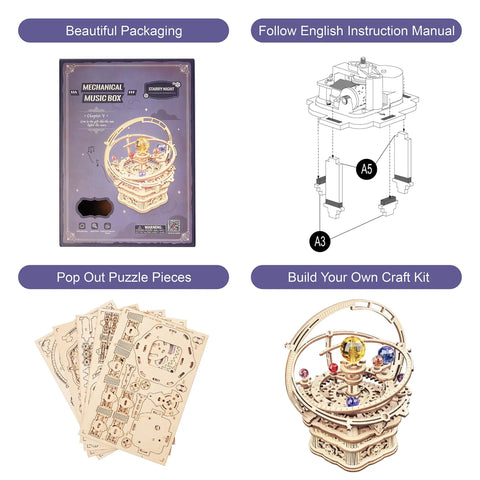Dope 3D Wooden Puzzle Music Box Kit For Adults Orrery Solar System Mechanical Model DIY Wood Craft Building Kit packaging and parts