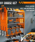 Power Tool Organizer Wall Mount With Charging Station Four Tier Garage Storage Rack Including Cordless Drill Holders And Side Tool Racks For Pliers Hammers And More Orange, mounted on wall with various tools stored.