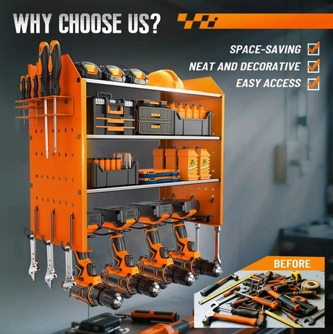 Power Tool Organizer Wall Mount With Charging Station Four Tier Garage Storage Rack Including Cordless Drill Holders And Side Tool Racks For Pliers Hammers And More Orange, mounted on wall with various tools stored.