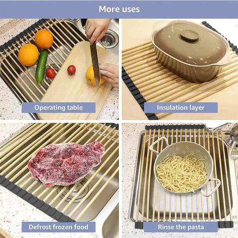 Roll Up Dish Drying Rack Built From Polished Stainless Steel Offers A No Fuss Way To Air Dry Dishes Folds Flat To Save Counter Space Works Great As A Workstation Cooling Pad Or Multi Use Sink Strainer Grid
