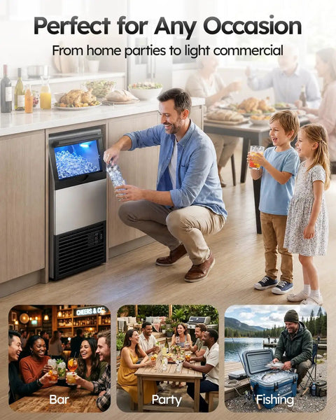 Heavy Duty Commercial Ice Maker Cranks Out 100 Lbs Crystal Clear Ice Daily With No Sweat Installation, perfect for bars and family gatherings.
