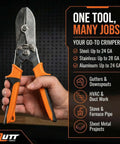 Five Blade Sheet Metal Crimp Tool With Ergonomic Grip in hand, showcasing tool features for gutters and duct work.