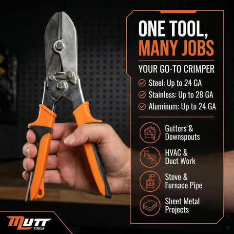 Five Blade Sheet Metal Crimp Tool With Ergonomic Grip in hand, showcasing tool features for gutters and duct work.