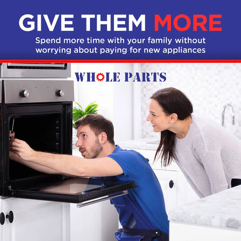 Man repairing oven with woman watching in kitchen, Whole Parts promotion for appliance maintenance