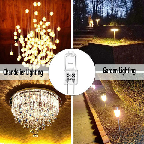 G4 Halogen Bulbs 12V 20W Dimmable Warm White 2700K JC Type 2 Pin G4 Base used in chandeliers and garden lighting