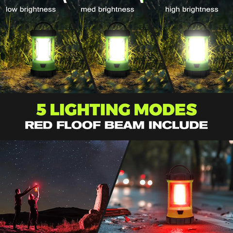 3000LM Rechargeable Camping Lantern with 5 Light Modes showing different brightness levels and outdoor usage in dark settings
