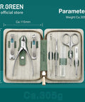 Open view of the Eight In One Manicure And Pedicure Kit With Stainless Steel Nail Clippers Personal Care Tools In Durable PU Leather Case Green Finish For At Home Grooming And Travel