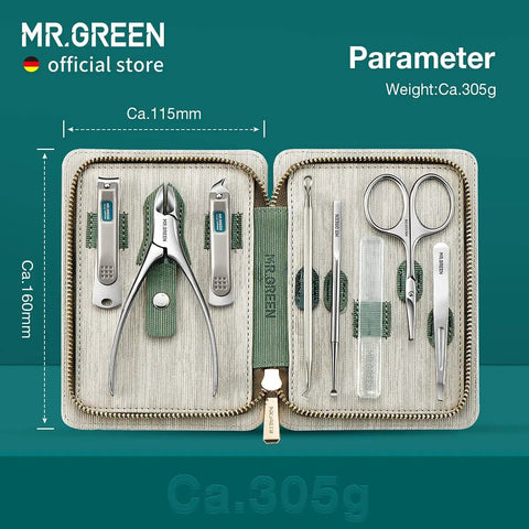 Open view of the Eight In One Manicure And Pedicure Kit With Stainless Steel Nail Clippers Personal Care Tools In Durable PU Leather Case Green Finish For At Home Grooming And Travel