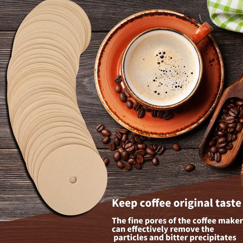 Unbleached 3.75 Inch Percolator Coffee Filter Discs, 200 Count, Disposable Brown Paper, next to coffee cup and beans