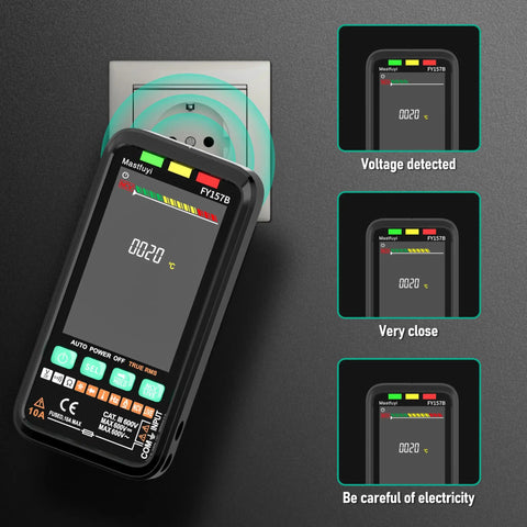 Rechargeable Digital Multimeter With Auto Ranging And Non Contact Voltage Detection TRMS 6000 Counts in use near an outlet.