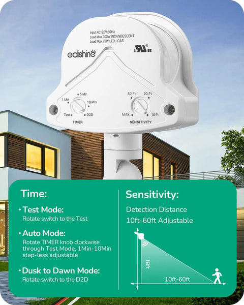 240 Degree Outdoor Motion Sensor With 60ft Detection Range, 3 Mode PIR Detector For Security Floodlights, UL Listed in use